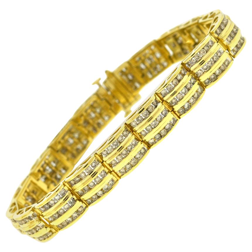 14 Karat Yellow Gold 3-Row Diamond Bracelet Approximate 3.00 Carat