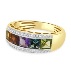 14 Karat Gelbgold 3-Reihen Fancy Cut Multi Color Edelstein und runder Diamant Ring