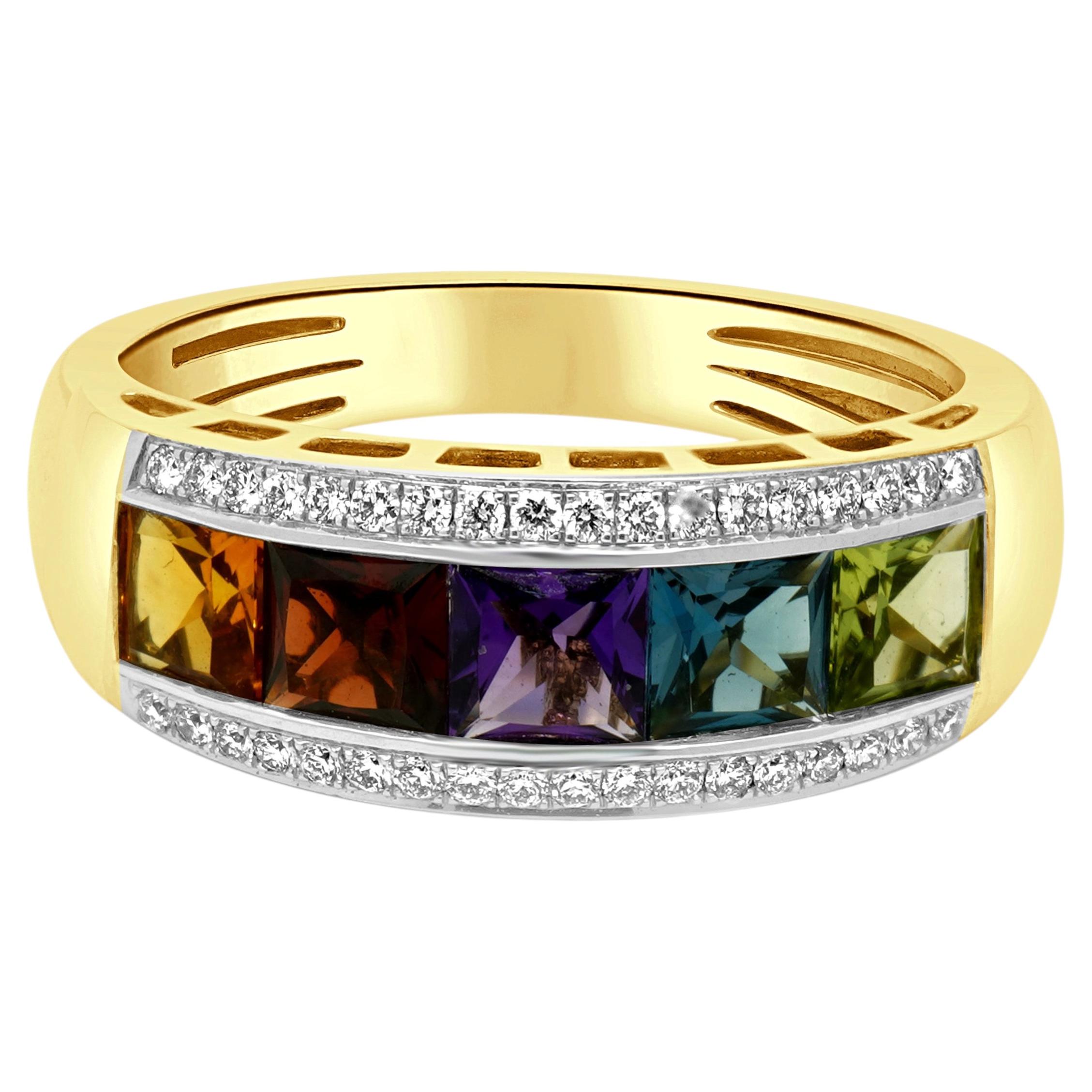 14 Karat Yellow Gold 3-Row Fancy Cut Multi Color Gemstone and Round Diamond Ring For Sale
