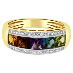 14 Karat Yellow Gold 3-Row Fancy Cut Multi Color Gemstone and Round Diamond Ring