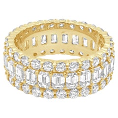 14 Karat Yellow Gold 3-Row Round and Baguette Diamond Eternity Band