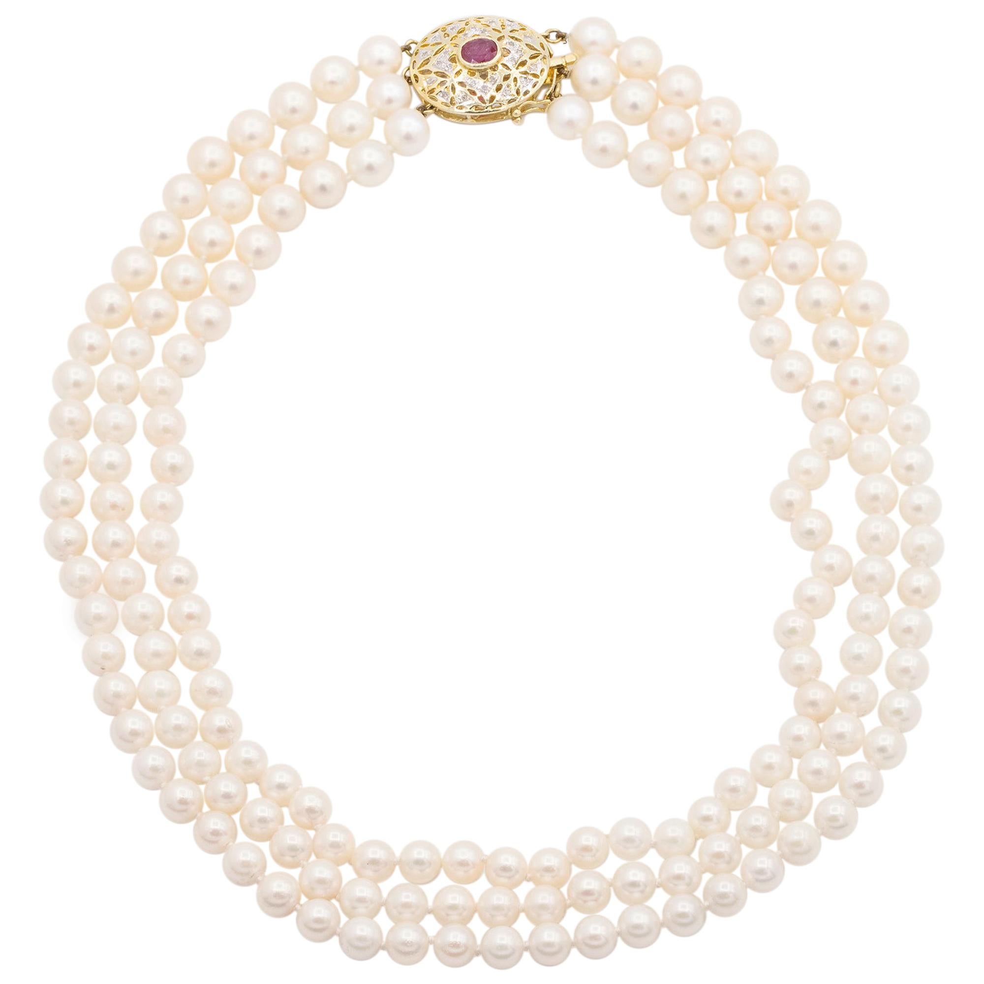 14 Karat Yellow Gold 3 Strand Cultured Akoya Pearl Necklace