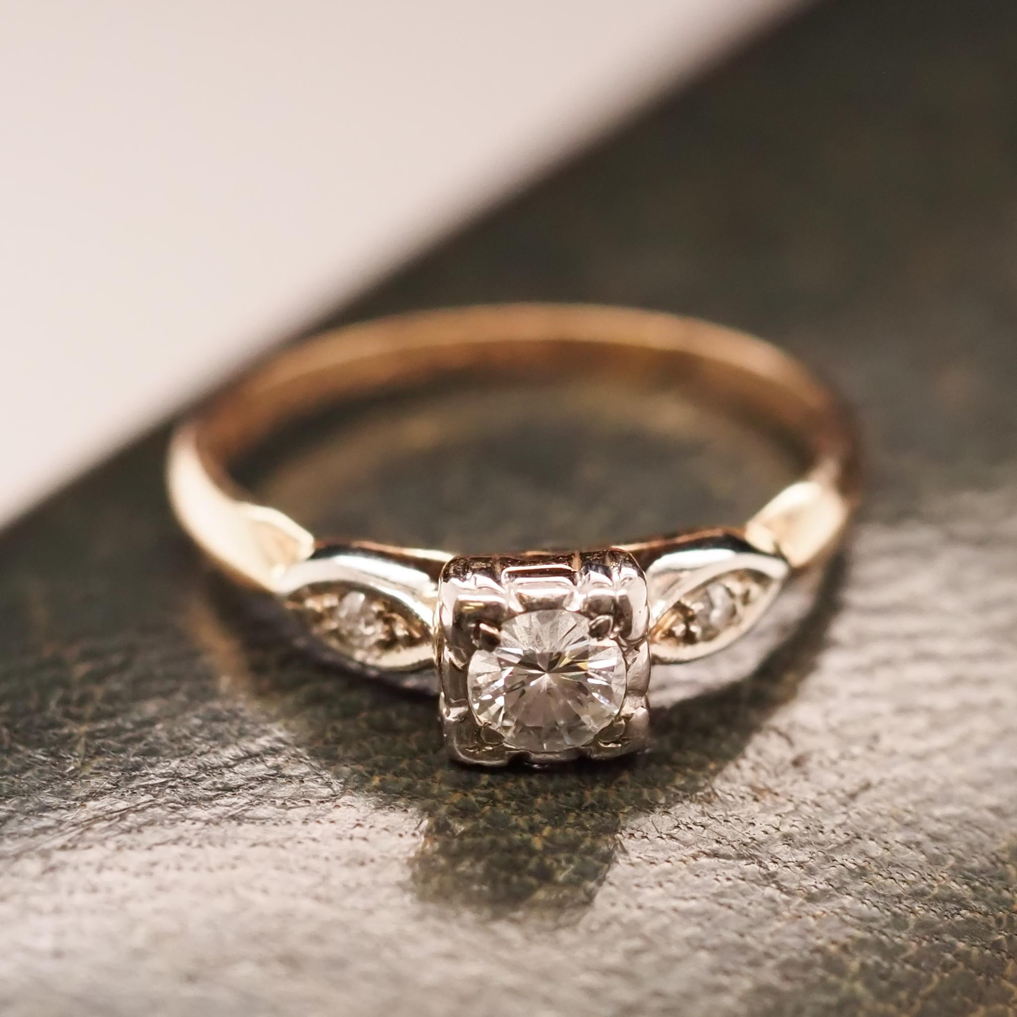 Women's 14 Karat Yellow Gold .30 Carat Old European Brilliant Diamond Engagement Ring For Sale