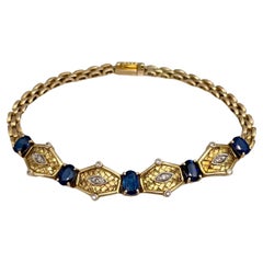 14 Karat Yellow Gold 3.00 Carat Blue Sapphire 0.11 Carat Diamond Chain Bracelet