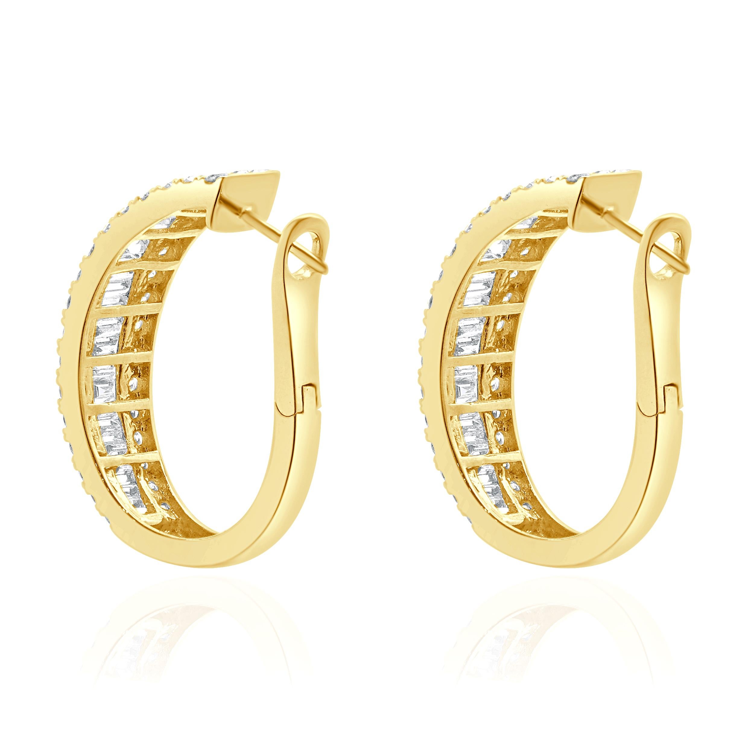Round Cut 18 Karat Yellow Gold 30MM Round and Baguette Diamond Hoop Earrings For Sale