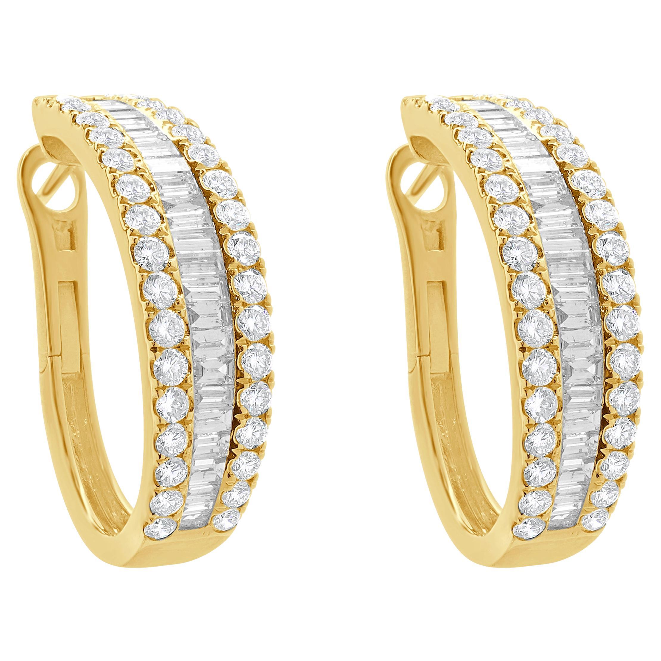 18 Karat Yellow Gold 30MM Round and Baguette Diamond Hoop Earrings For Sale