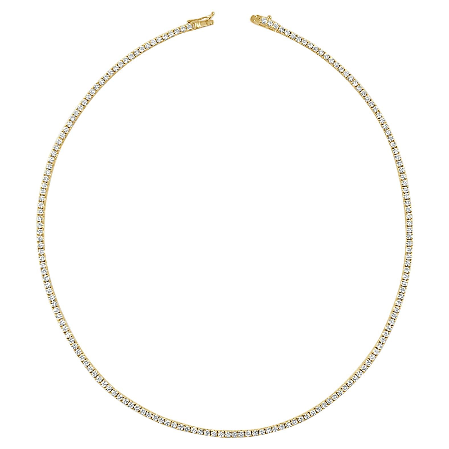 14 Karat Yellow Gold 3.12 Carat Diamond Tennis Necklace For Sale