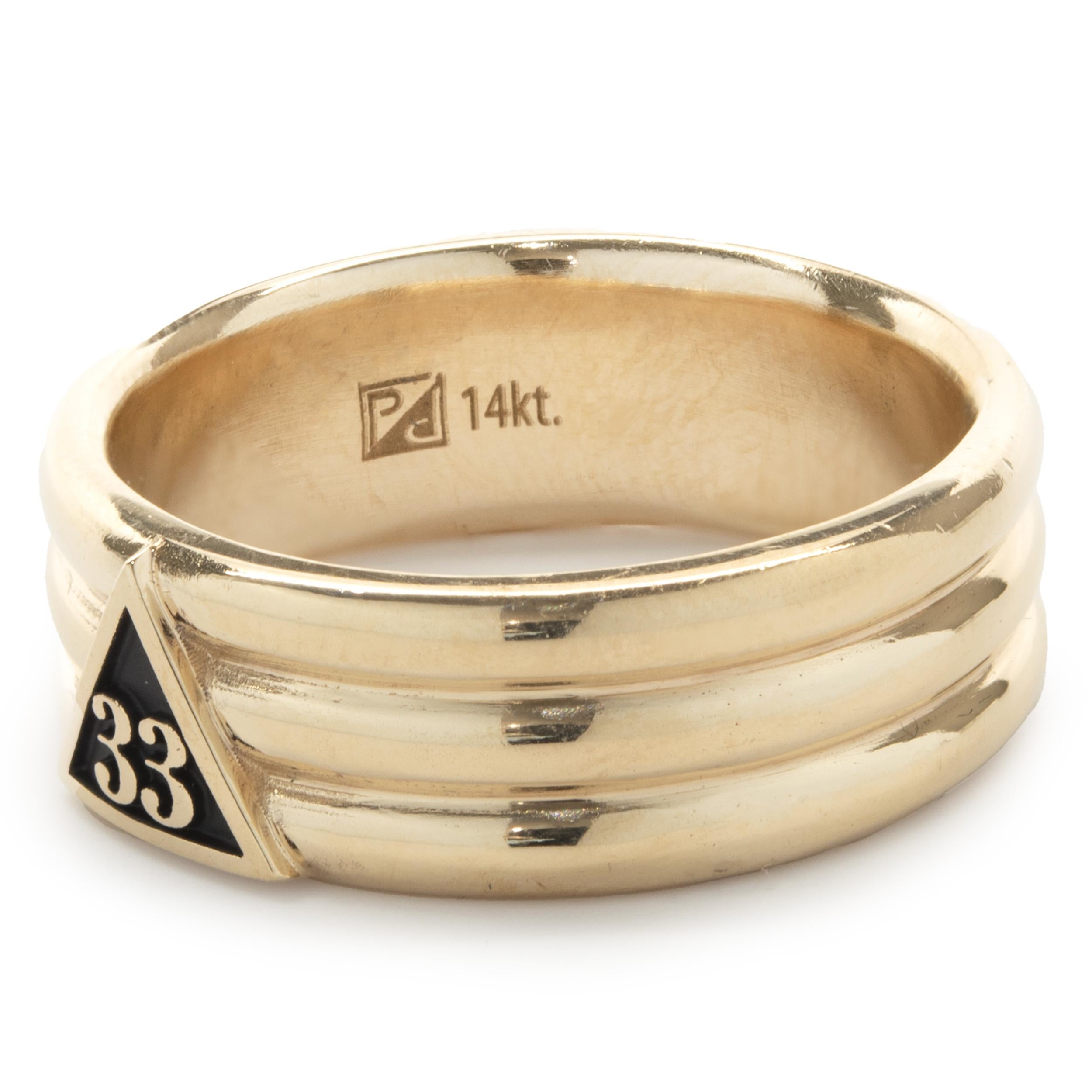 Designer: custom design
Material: 14K yellow gold
Dimensions: ring top measures 8.25mm wide
Ring Size: 10 (please allow two extra shipping days for sizing requests) 
Weight: 13.34 grams