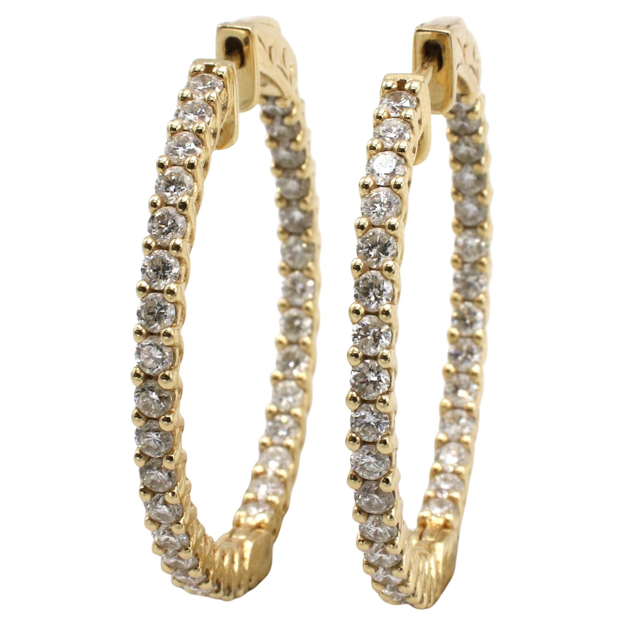 Modern 14 Karat Yellow Gold 3.30 Carat Natural Diamond Inside Outside Hoop Earrings