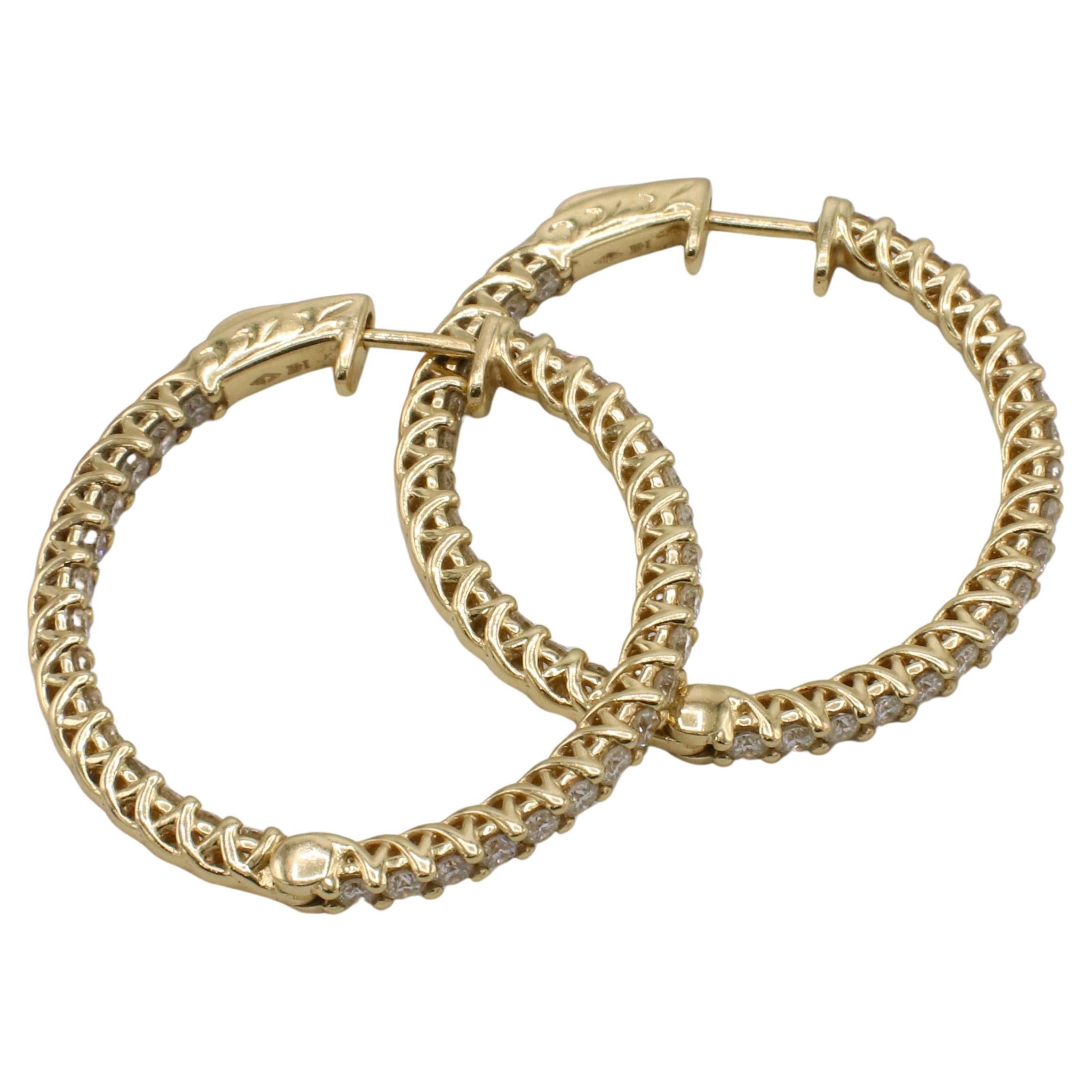 Round Cut 14 Karat Yellow Gold 3.30 Carat Natural Diamond Inside Outside Hoop Earrings