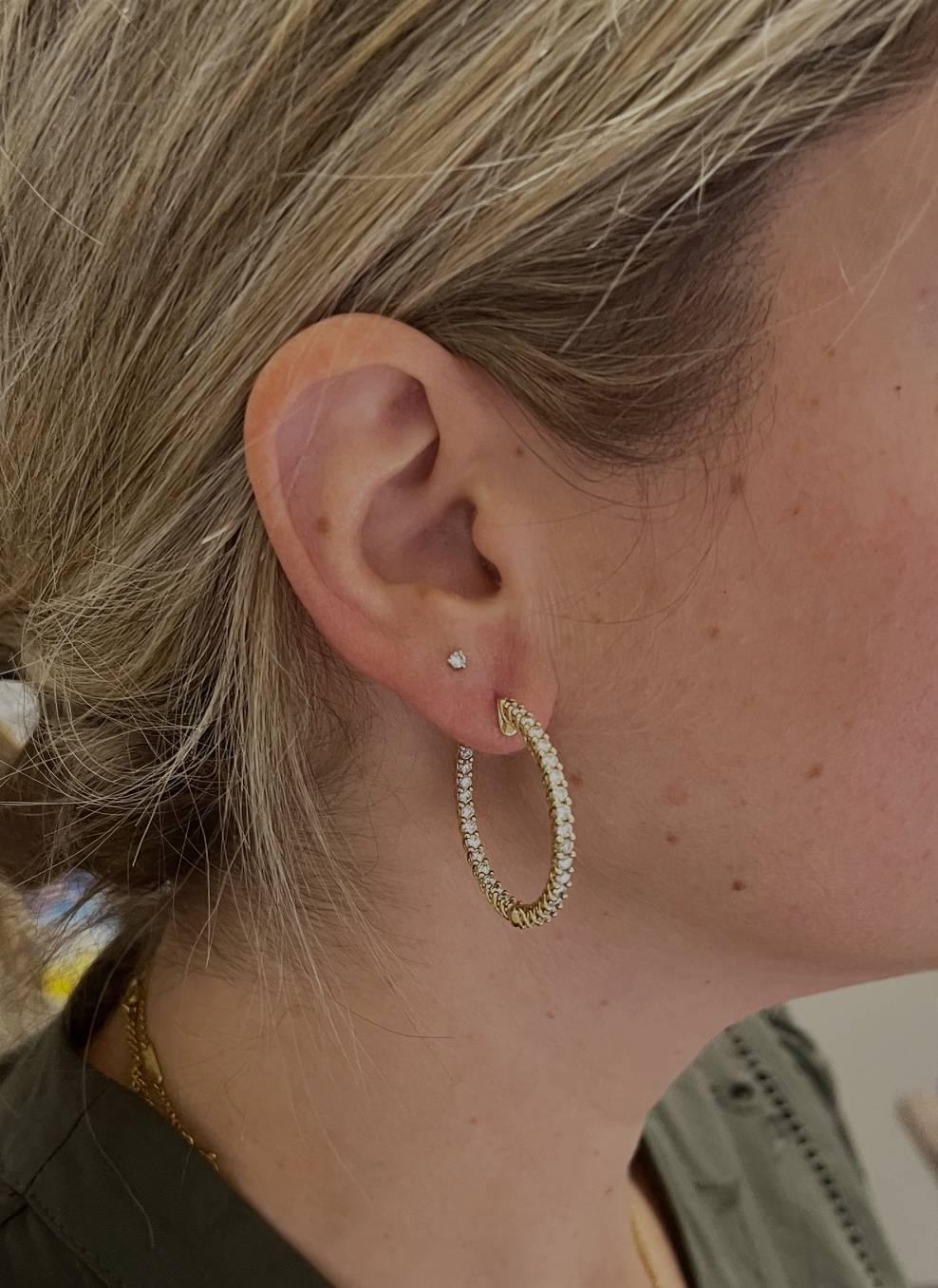 14 Karat Yellow Gold 3.30 Carat Natural Diamond Inside Outside Hoop Earrings In Excellent Condition In  Baltimore, MD