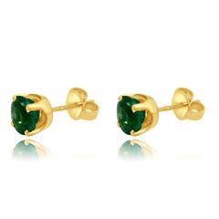 14 Karat Yellow Gold 4-Prong Set Round Cut Emerald Stud Earrings