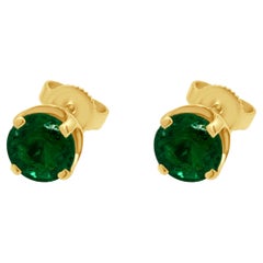 14 Karat Yellow Gold 4-Prong Set Round Cut Emerald Stud Earrings