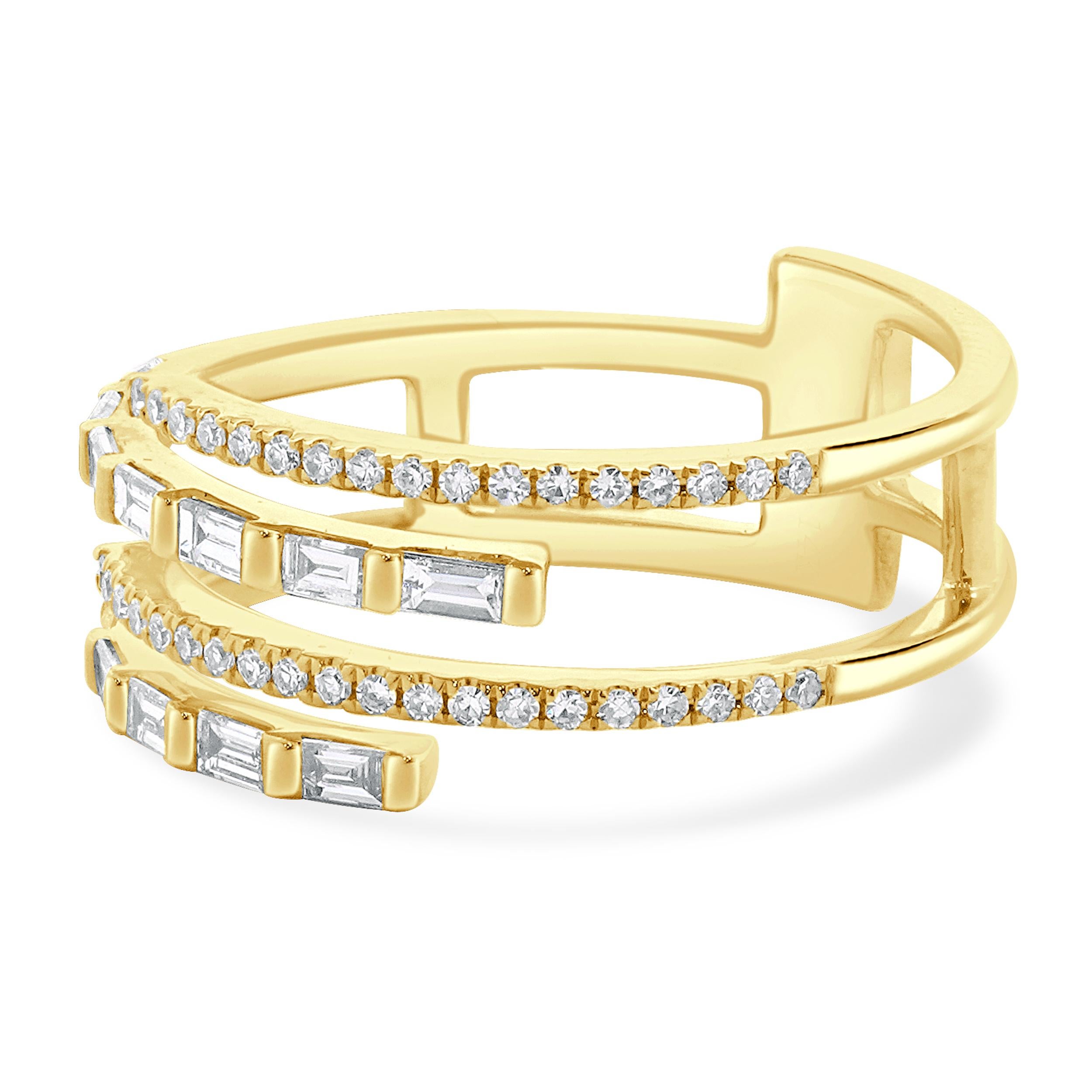 Designer: custom
Material: 14K yellow gold
Diamond: 50 round brilliant cut = 0.41cttw
Color: G
Clarity: VS-SI1
Ring size: 6.5 (please allow two additional shipping days for sizing requests)
Weight: 3.17 grams
