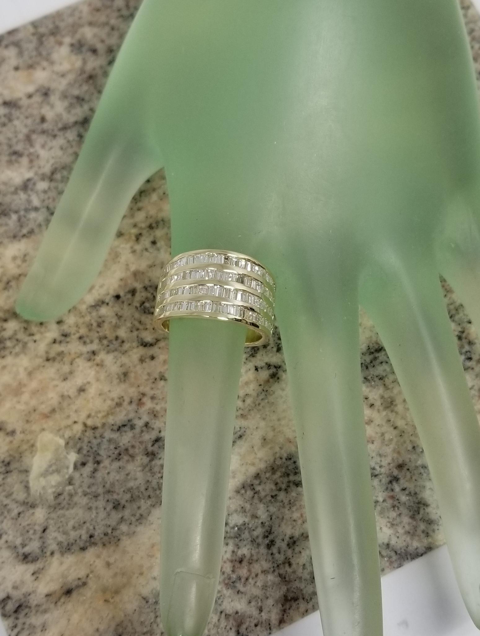 14 Karat Yellow Gold 4 Row Diamond Baguette Channel Set Ring In New Condition For Sale In Los Angeles, CA