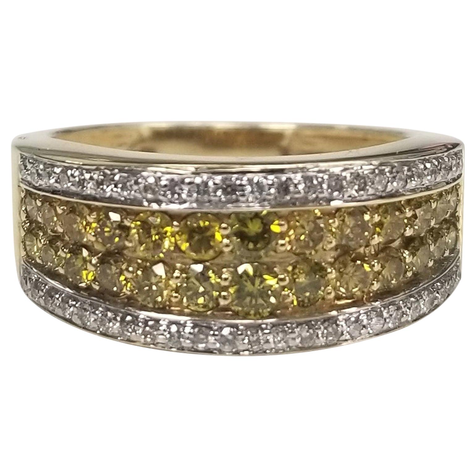 14 Karat Yellow Gold 4 Rows of multi colored Diamonds Ring total 1.33cts. For Sale