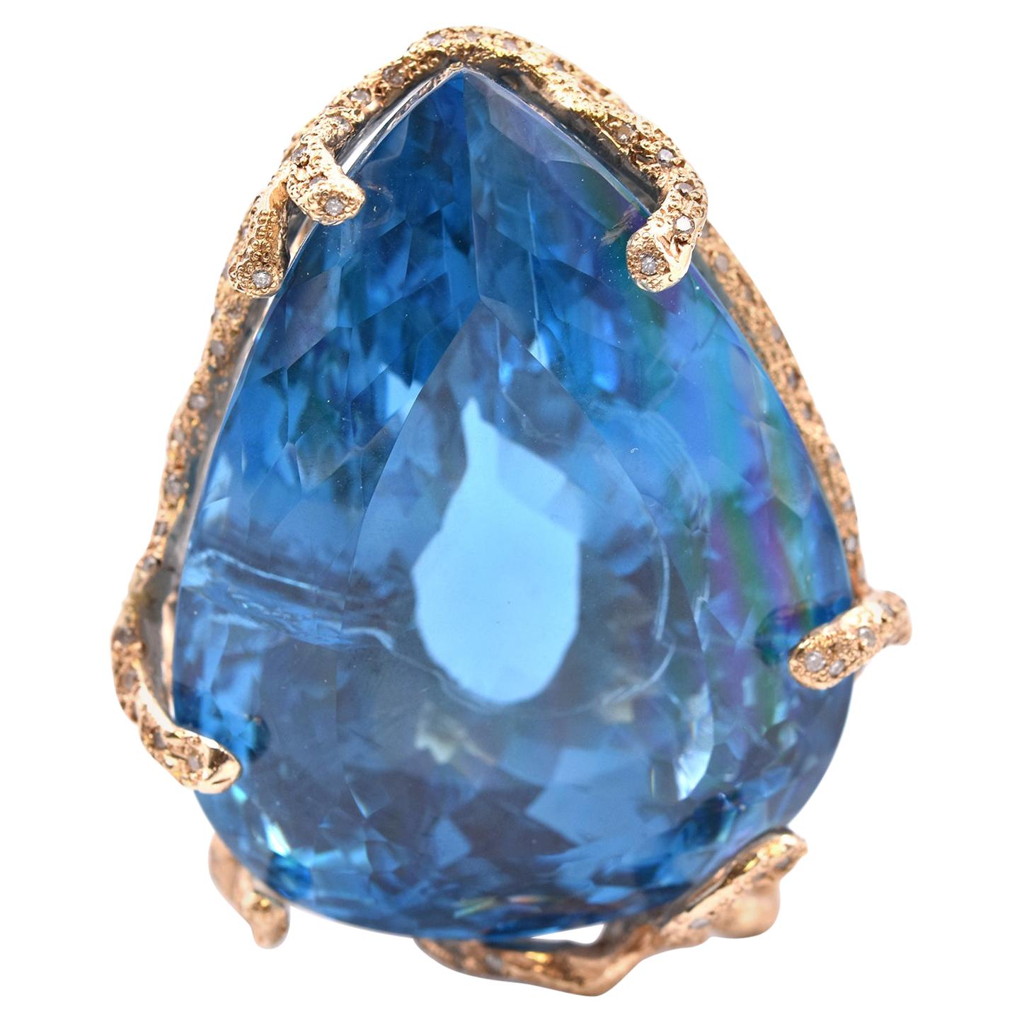 14 Karat Yellow Gold 426 Carat Blue Topaz and Diamond Pendant For Sale