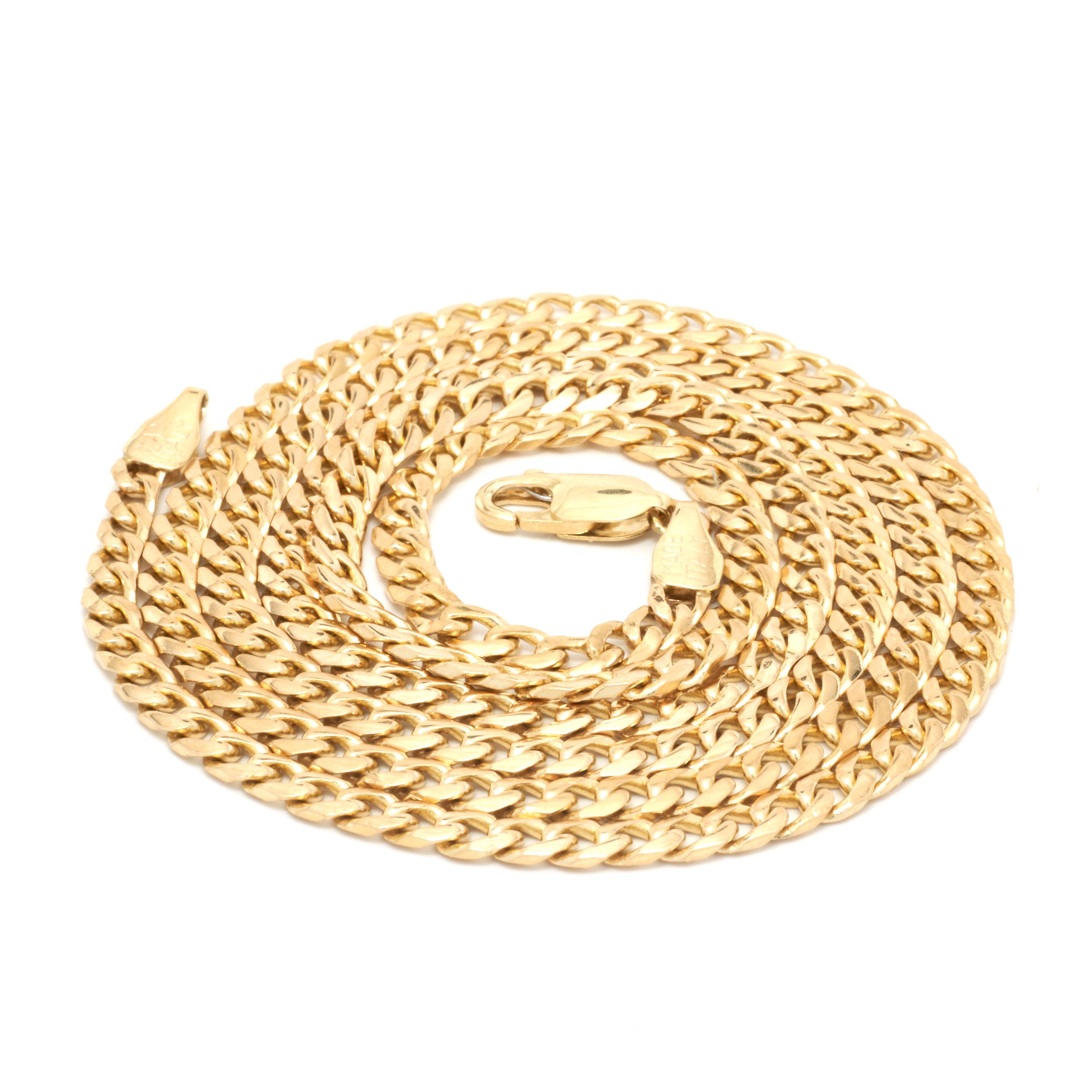 Material: 14K yellow gold
Dimensions: necklace measures 31-inches in length, 4mm wide
Weight: 30.30 grams

