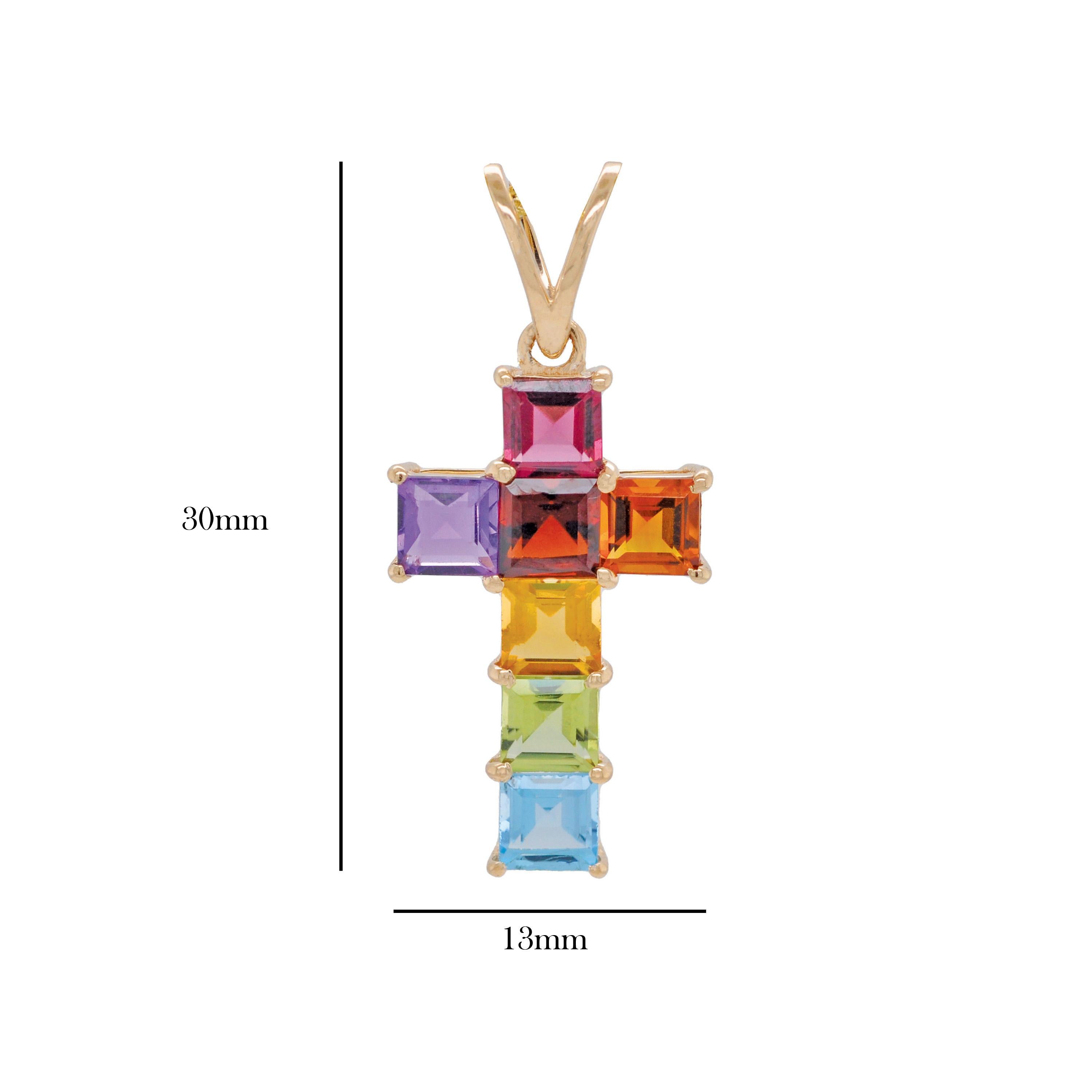 Pendentif croix carrée serti griffes en or jaune 14 carats avec pierres précieuses arc-en-ciel de 4 mm en vente 3