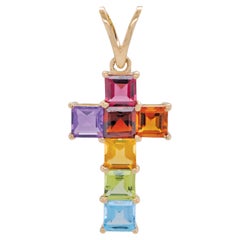 14 Karat Yellow Gold 4MM Square Rainbow Gemstones Prong Set Cross Pendant