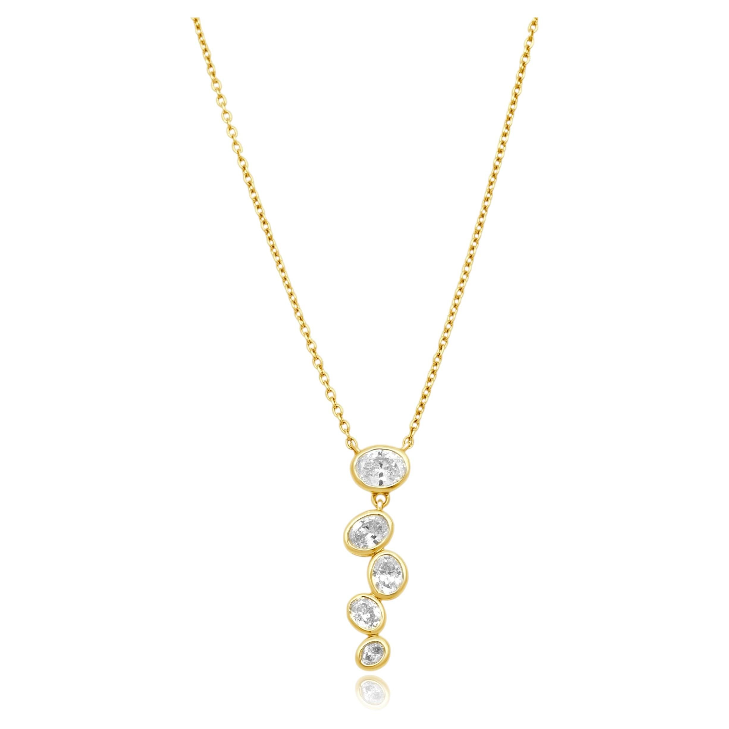 14 Karat Yellow Gold 5-Stone Oval Cut Diamond Graduated Drop Necklace For Sale