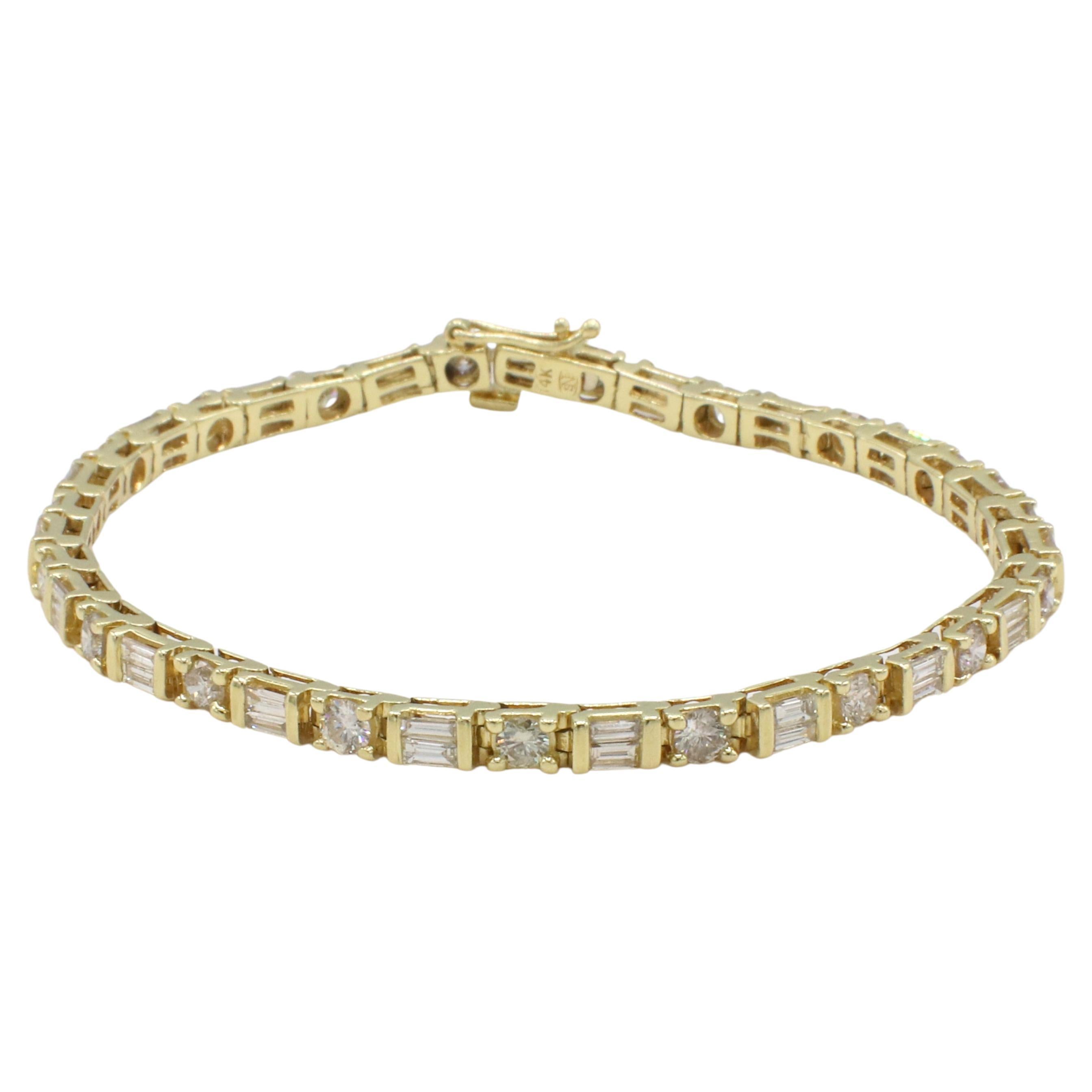 14 Karat Yellow Gold 6 Carat Baguette & Round Diamond Tennis Line Bracelet