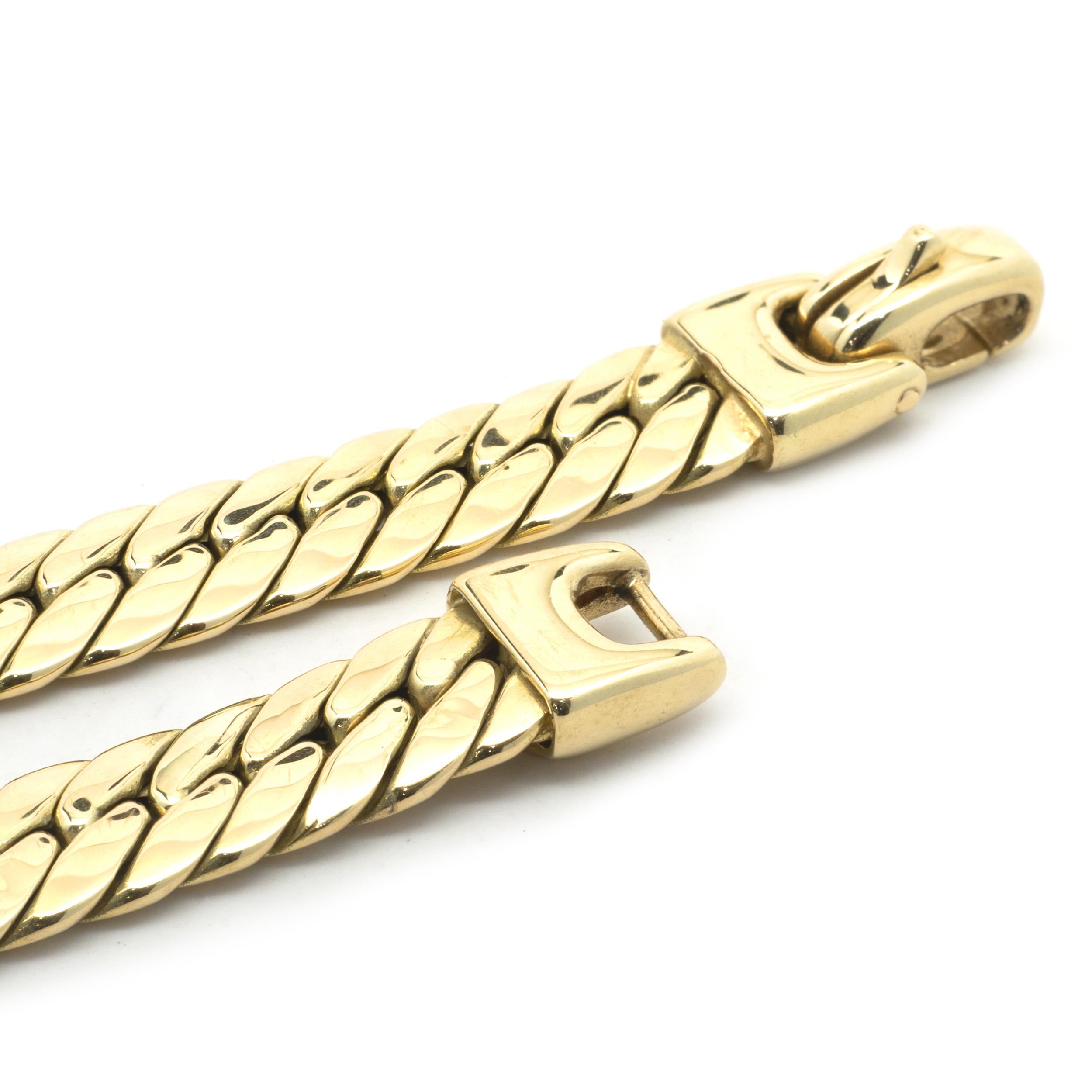Material: 14K yellow gold
Dimensions: necklace measures 17-inches in length, 6.5mm wide
Weight: 13.91 grams
