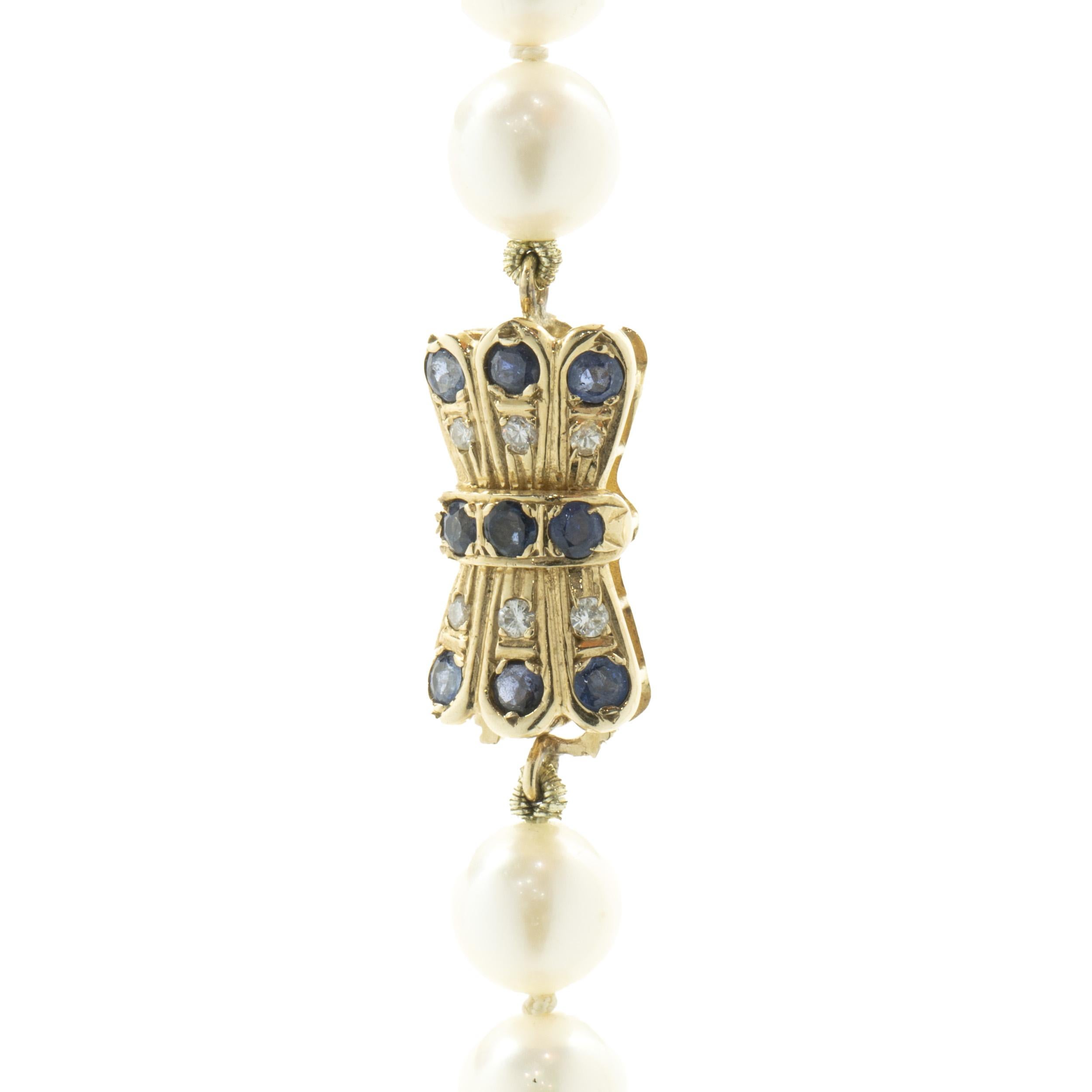 Round Cut 14 Karat Yellow Gold 6mm Cultured Pearl Necklace with Sapphire and Diamond Clasp For Sale