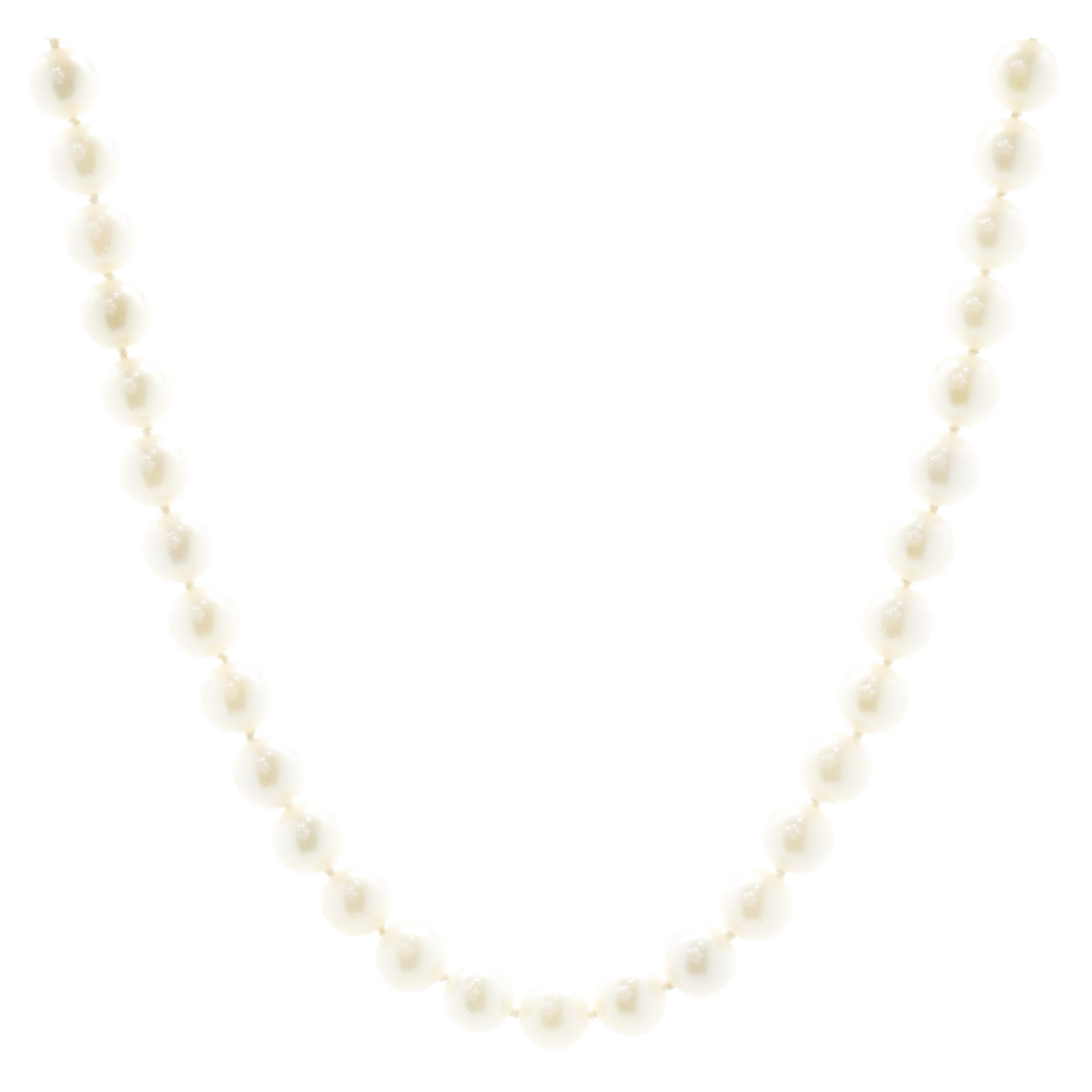 14 Karat Yellow Gold 6mm Cultured Pearl Necklace with Sapphire and Diamond Clasp