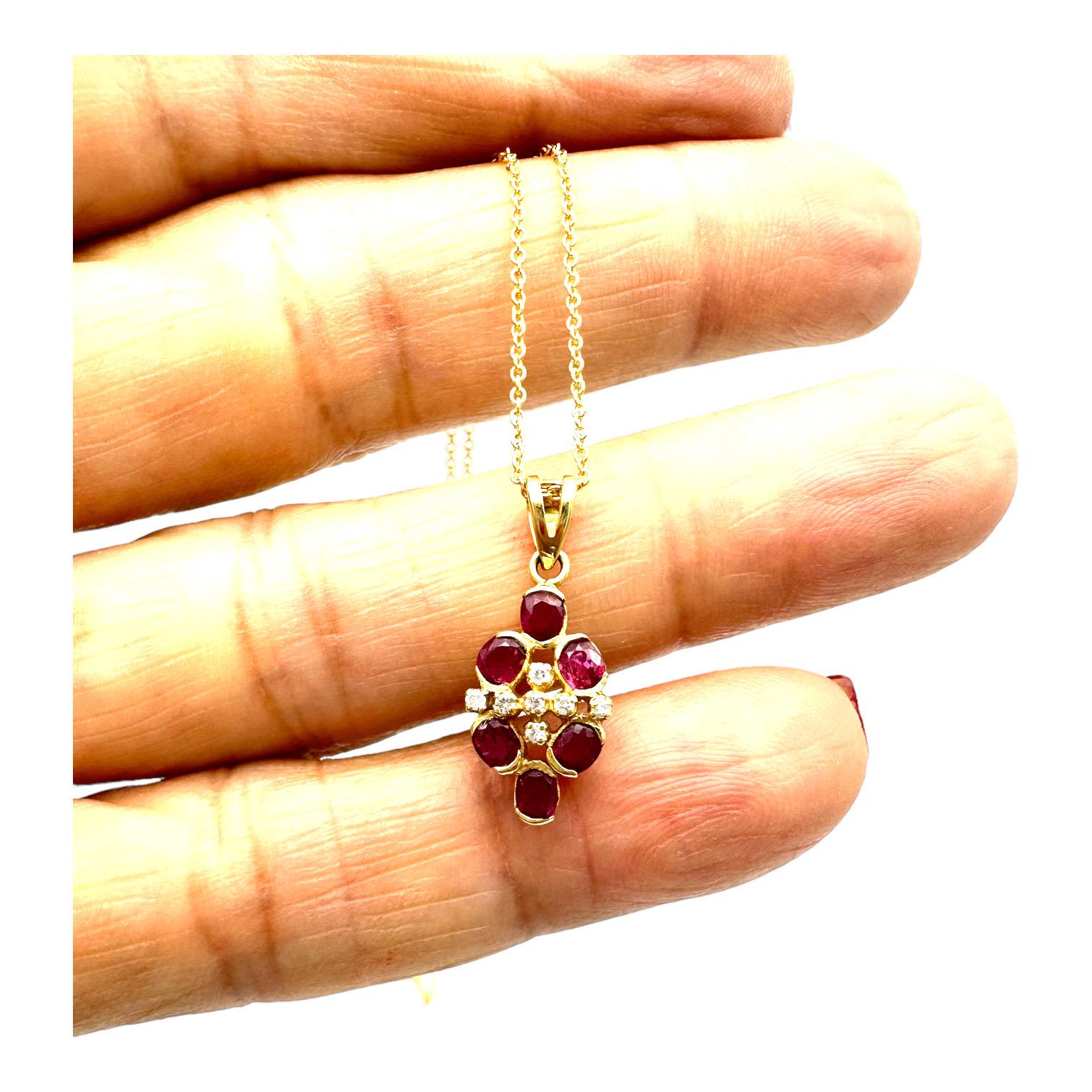Contemporary 14 Karat yellow gold .75CTW Oval Ruby Diamond Cluster Drop Pendant For Sale