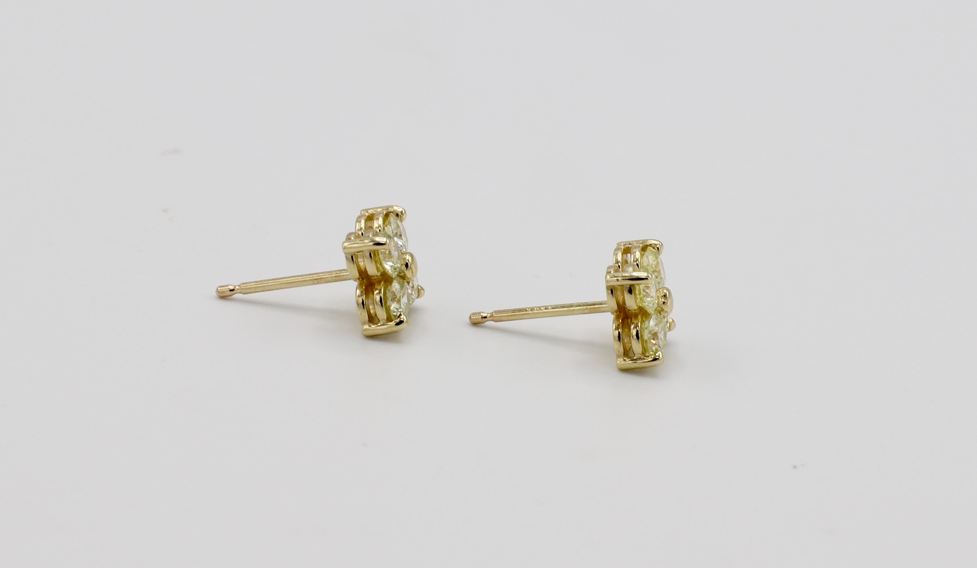 14 Karat Yellow Gold .76 Carat Diamond Cluster Stud Earrings 
Metal: 14k yellow gold
Weight: 1.47 grams
Diamonds: .76 CTW L-M VS-SI
Diameter: 8.5MM
