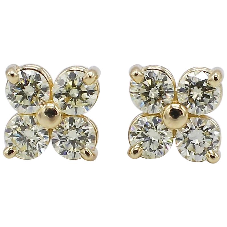 14 Karat Yellow Gold .76 Carat Diamond Cluster Stud Earrings