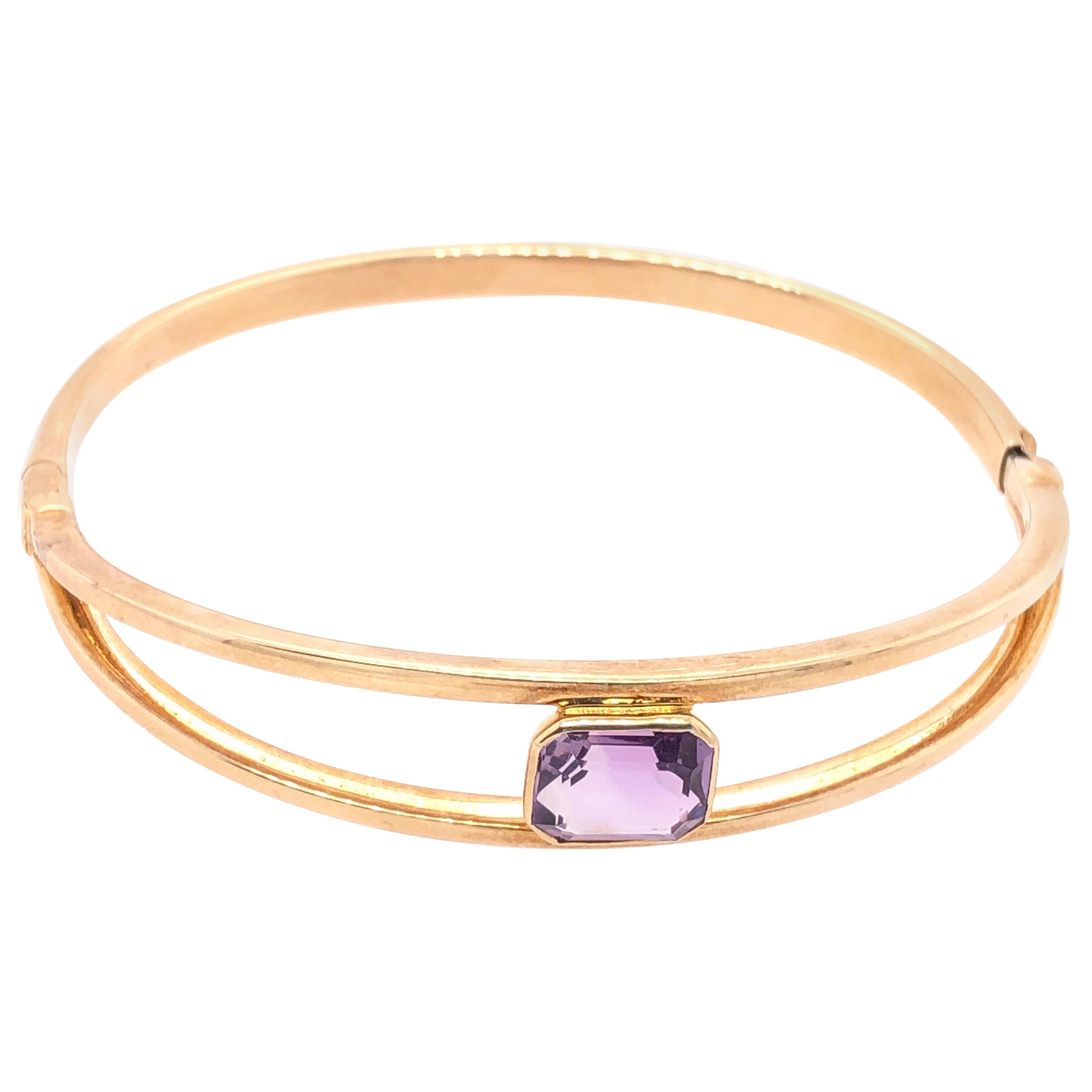 14 Karat Yellow Gold 7.8 Fancy Link Bangle with Square Amethyst Solitaire