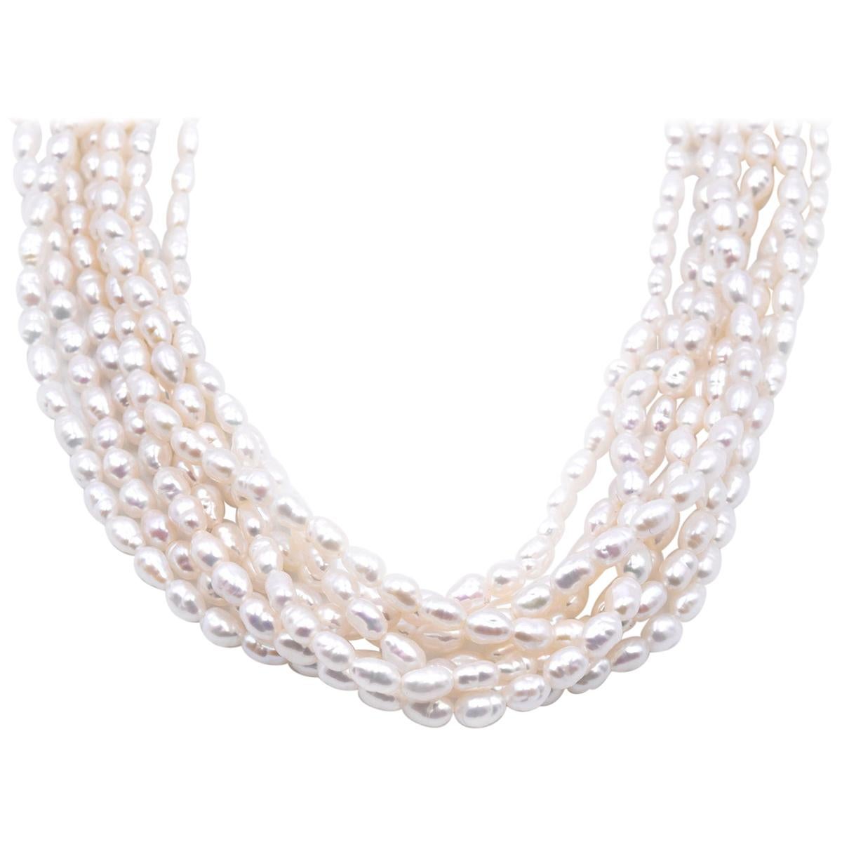 14 Karat Yellow Gold 8-Strand Pearl Strand Necklace For Sale