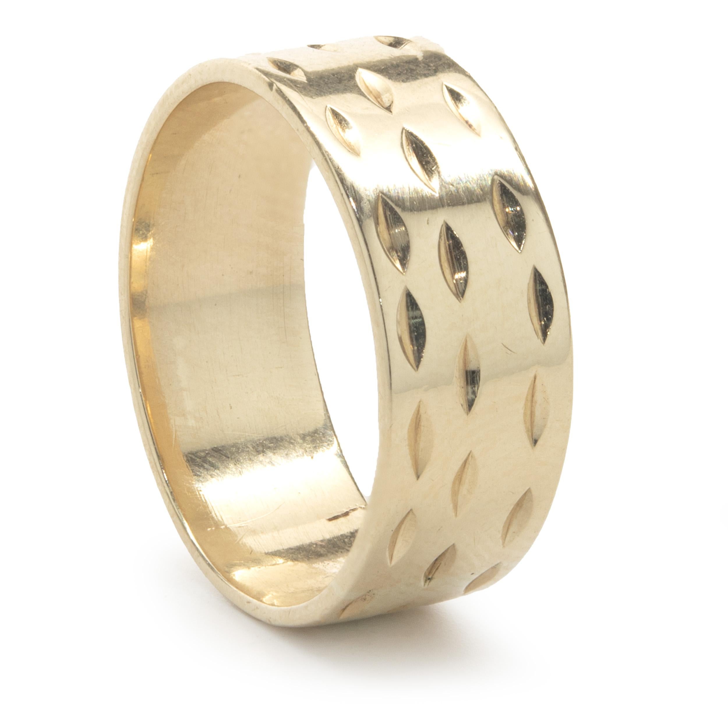 Designer: custom
Material: 14K yellow gold
Dimensions: the ring measures 8mm wide
Weight:  5.51 grams
Ring Size: 9 (Please allow up to 2 additional business days for sizing requests) 

