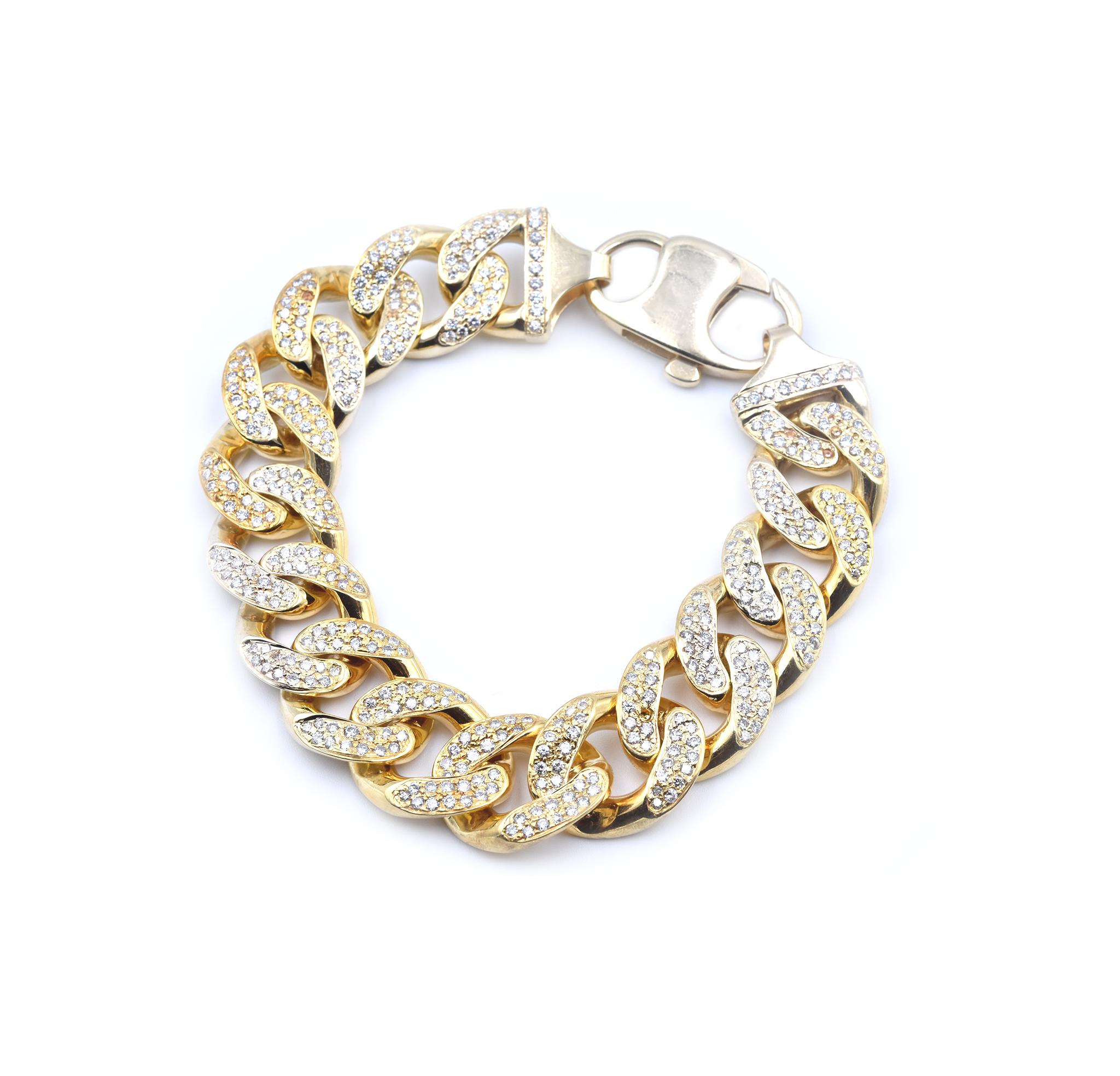 Designer: custom design
Material: 14k yellow gold
Diamonds: 350 round brilliant cut= 9.80cttw
Color: H
Clarity: SI
Dimensions: bracelet is 9 ¼-inches long and it is 18.54mm wide
Weight: 123.82 grams
