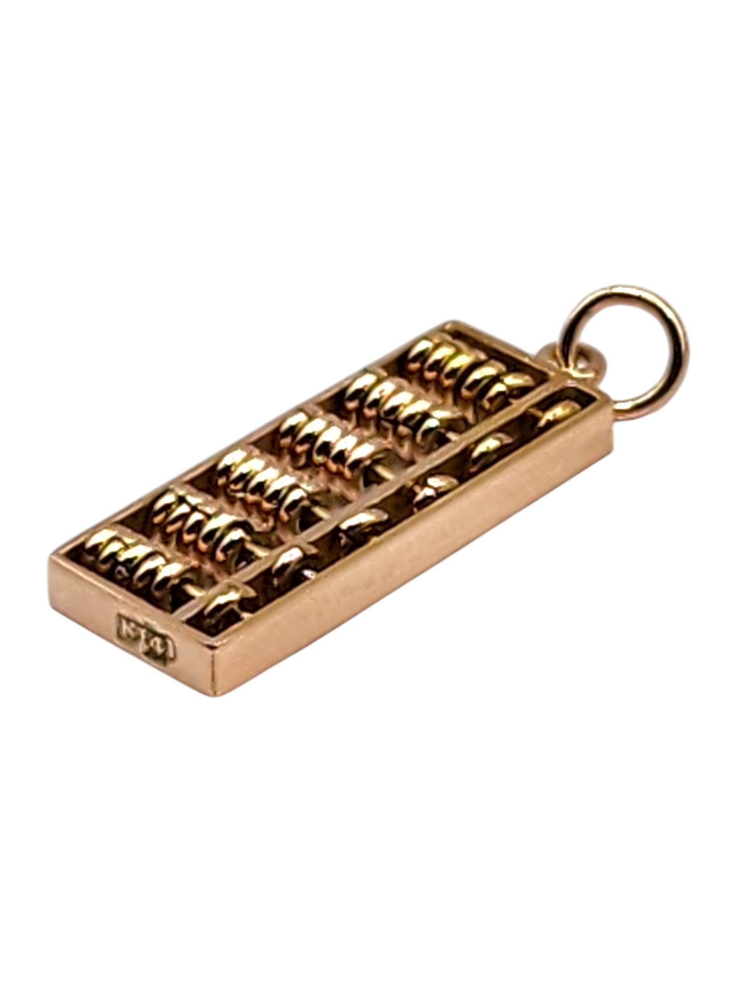 14 Karat Yellow Gold Abacus Charm

This beautiful abacus charm was crafted from 14K yellow gold with meticulous detail!

Size: 24.82mm X 8.92mm X 2.98mm

Weight: 3.01 g/ 1.94 dwt

Hallmark: K14

Very good condition, professionally polished.

Will