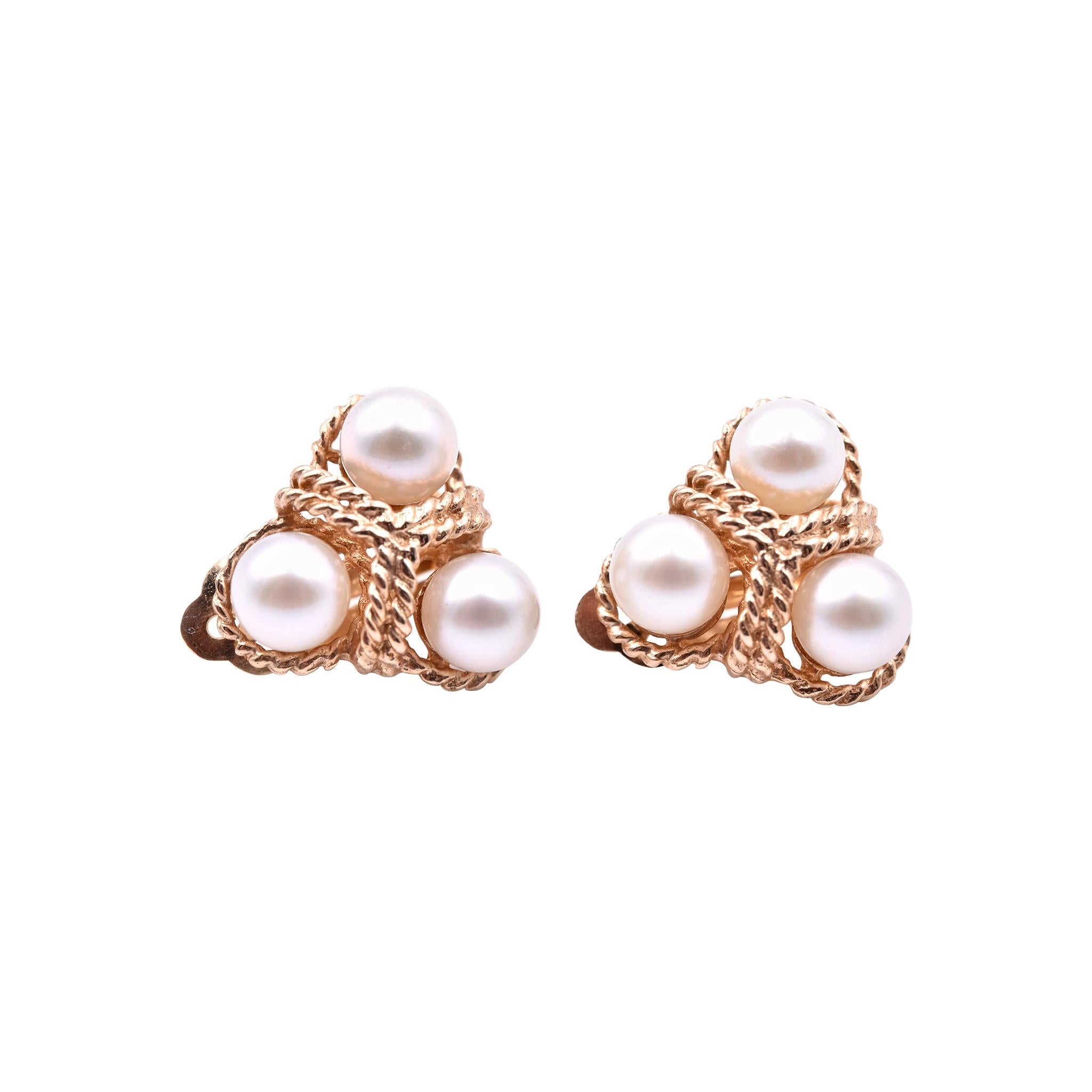 Boucles d'oreilles en or jaune 14 carats avec perles Akoya en forme de corde