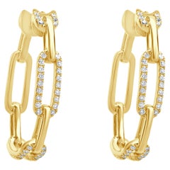 14 Karat Yellow Gold Alternating Diamond Paperclip Hoop Earrings