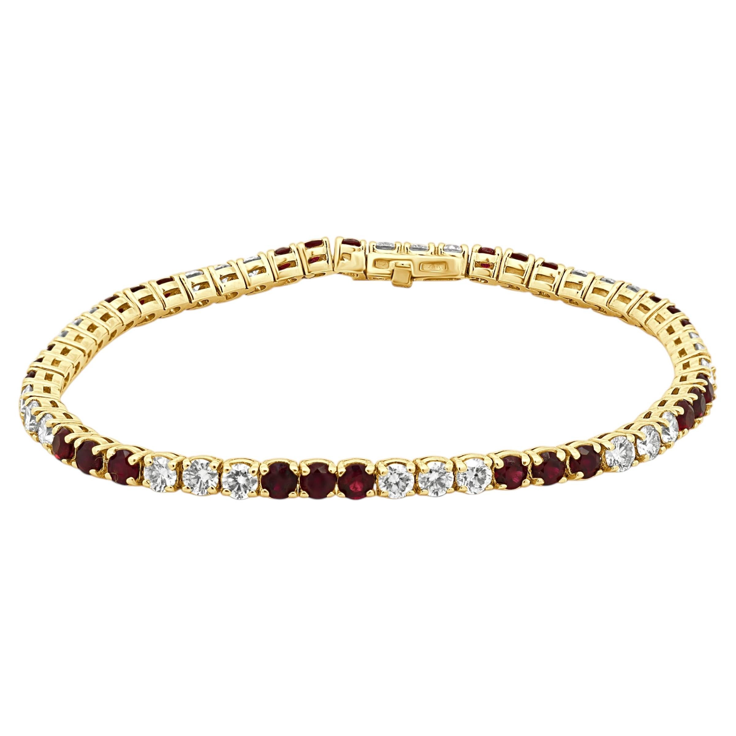 14 Karat Yellow Gold Alternating Round Ruby and Round Diamond Inline Bracelet For Sale