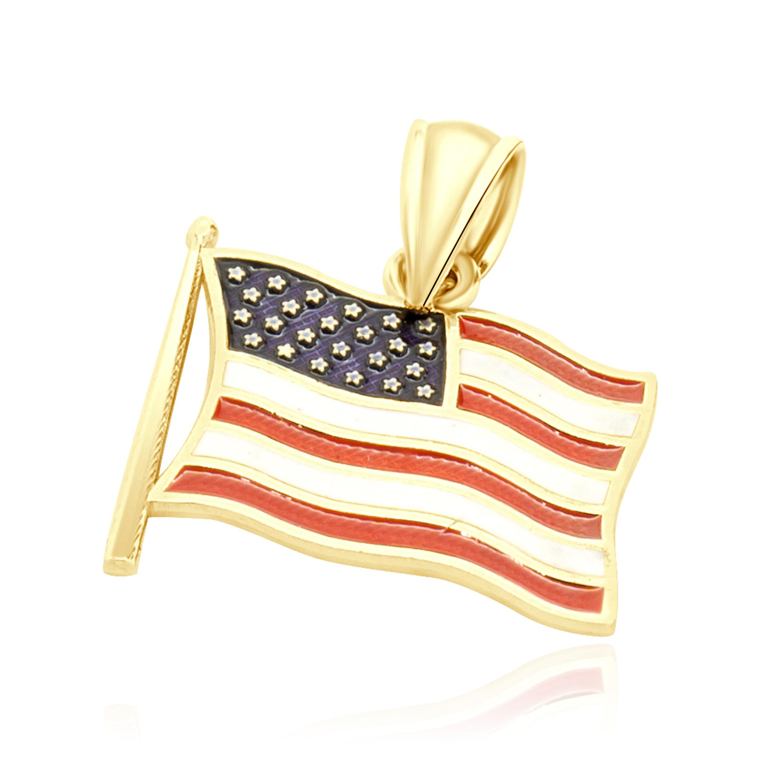Women's or Men's 14 Karat Yellow Gold American Flag Enamel Pendant For Sale