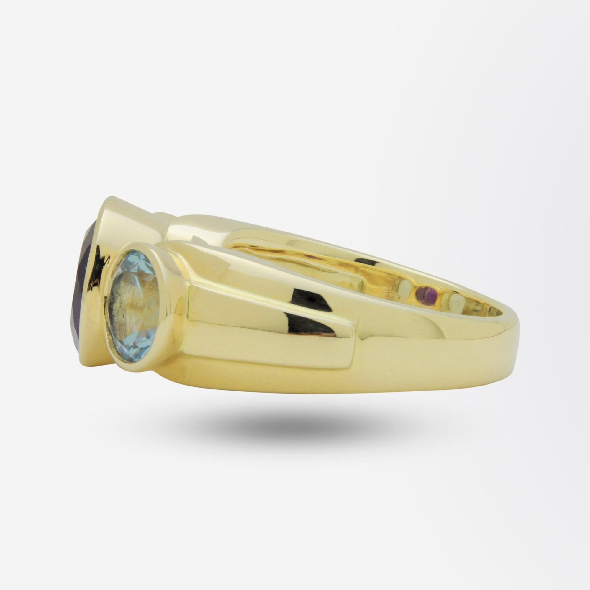 Modern 14 Karat Yellow Gold, Amethyst and Aquamarine Cocktail Ring