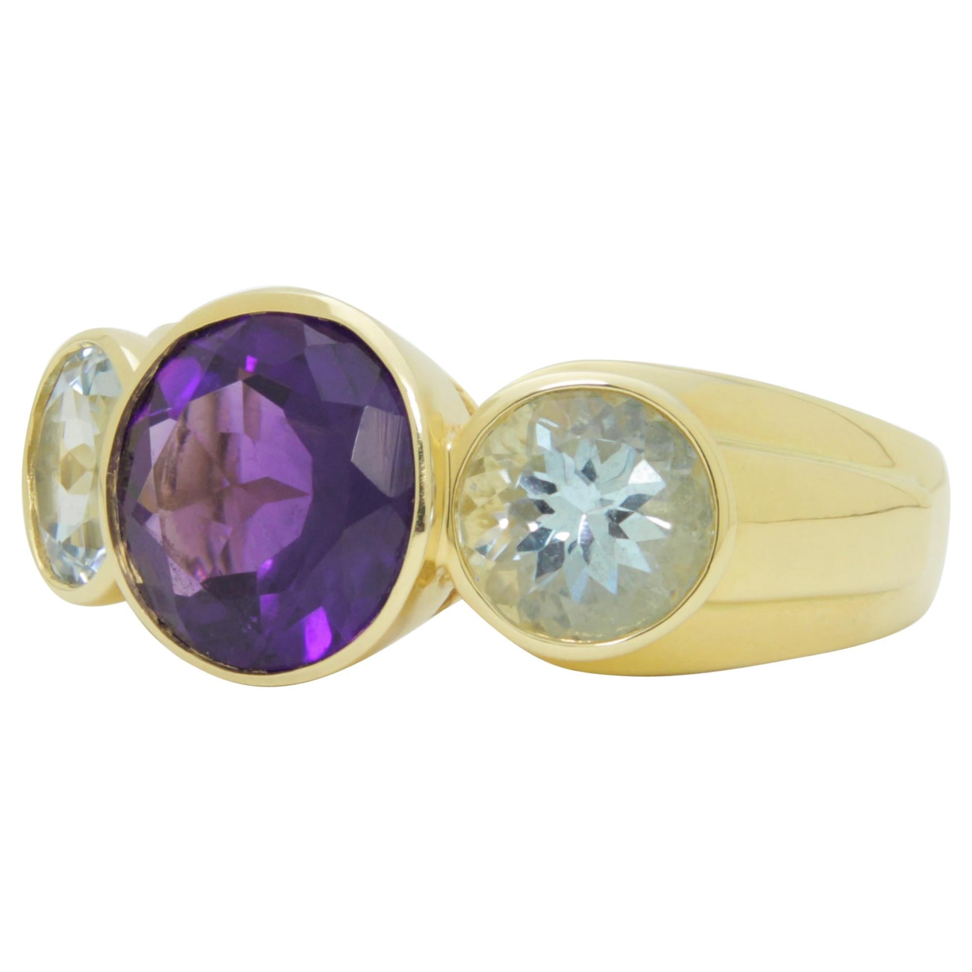 14 Karat Yellow Gold, Amethyst and Aquamarine Cocktail Ring