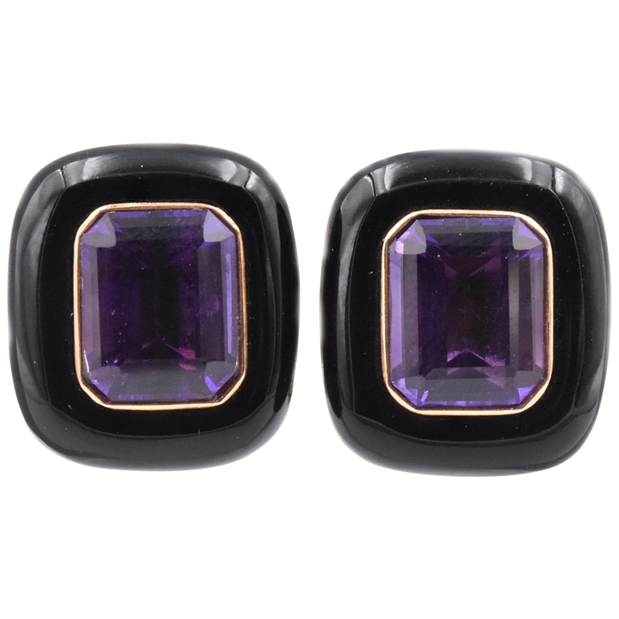 14 Karat Yellow Gold Amethyst and Black Onyx Earrings