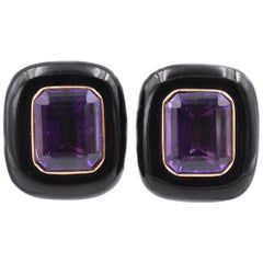 14 Karat Yellow Gold Amethyst and Black Onyx Earrings