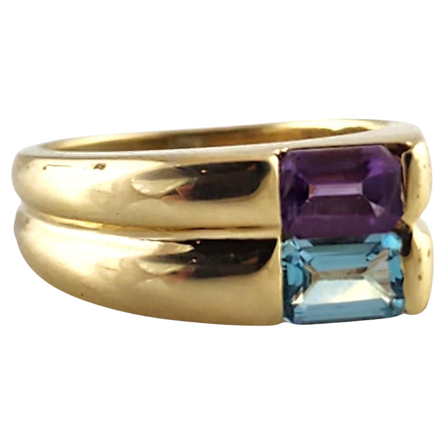 14 Karat Yellow Gold Amethyst and Blue Topaz Double Band Ring Size 6 #19819 For Sale