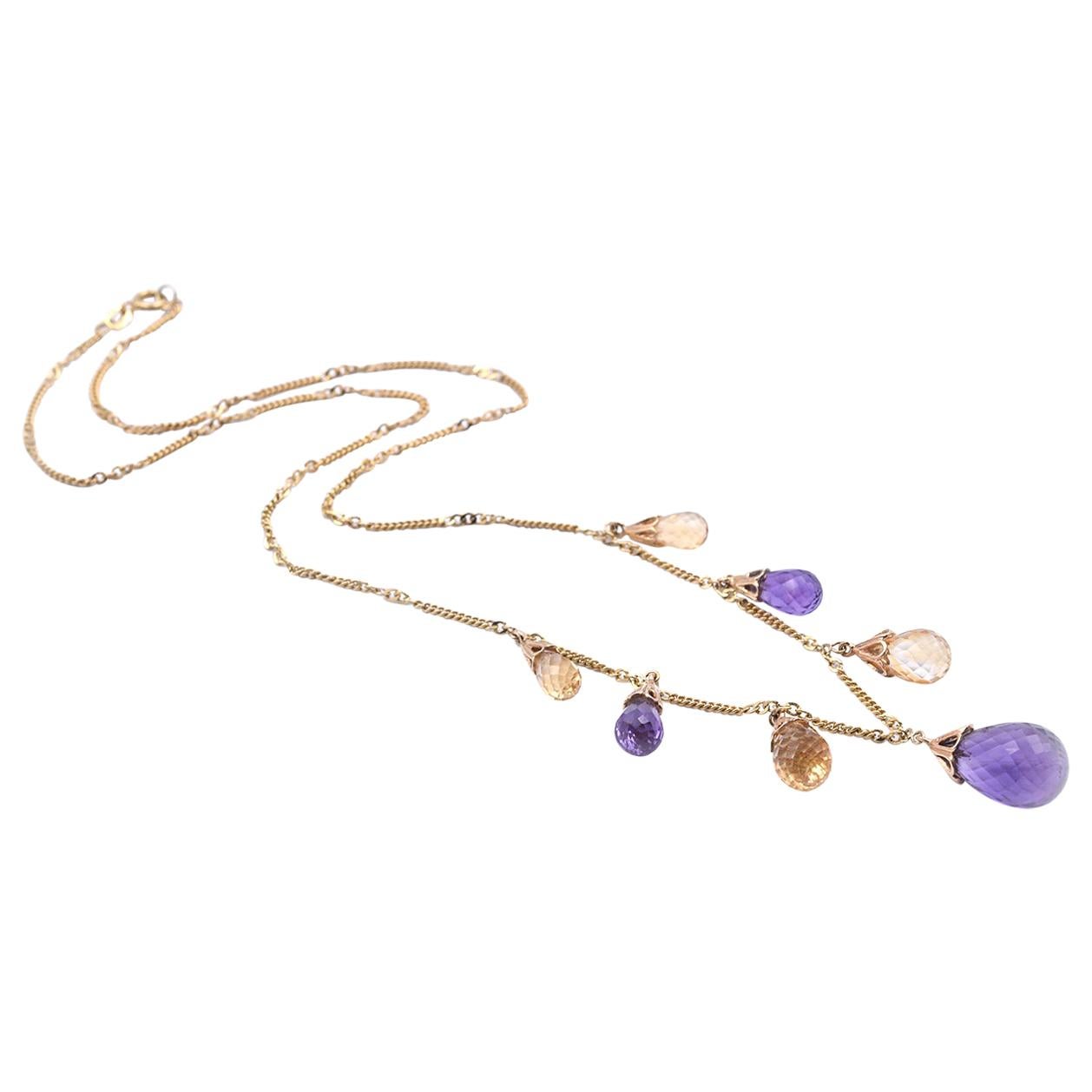 14 Karat Yellow Gold Amethyst and Citrine Drop Necklace