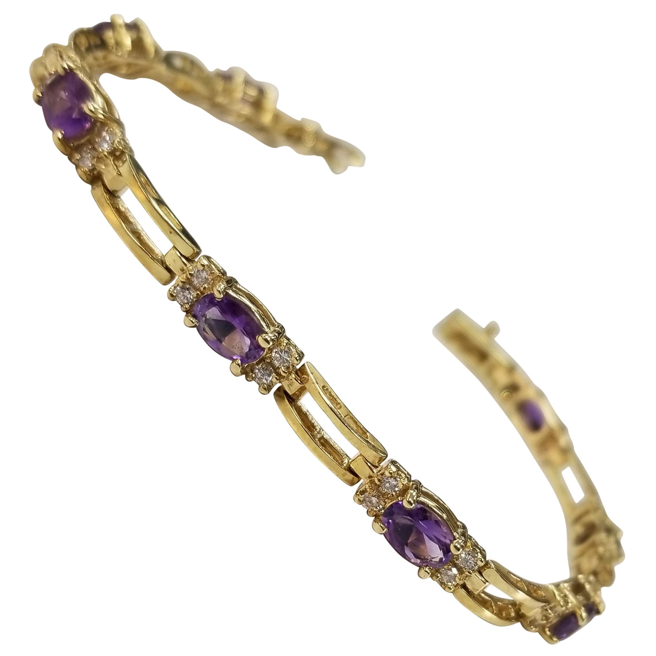 14 Karat Yellow Gold Amethyst and Diamond Bracelet For Sale