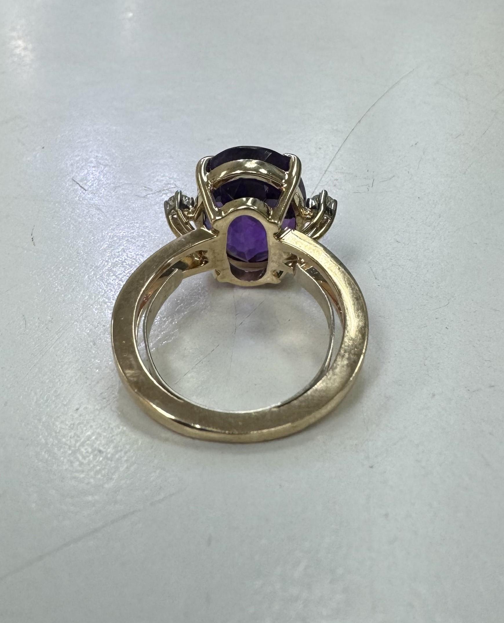 Oval Cut 14 Karat Yellow Gold Amethyst and Diamond Cocktail Ring For Sale