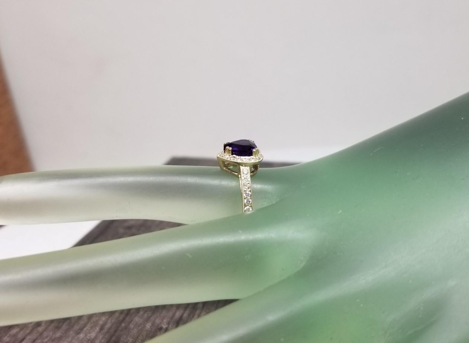 14 Karat Yellow Gold Amethyst and Diamond Heart Halo Ring In New Condition For Sale In Los Angeles, CA